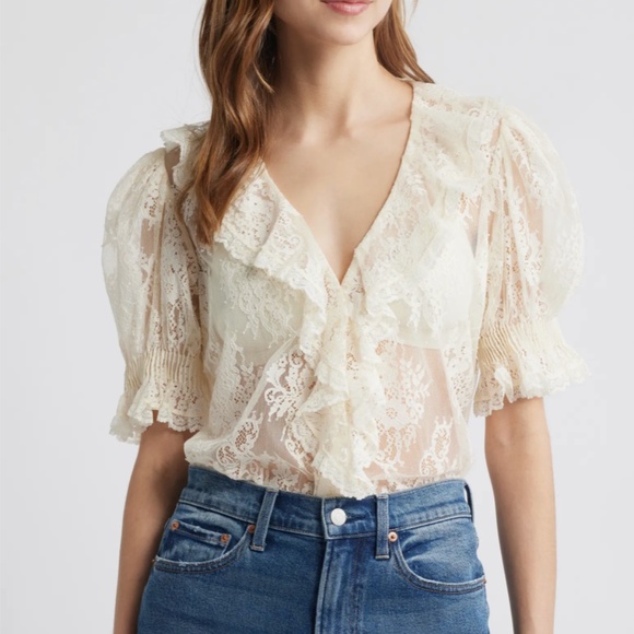 Doen Henri Lace Sheer Top Blouse - Sea Salt Ivory Cream Bohemian Vacation Causal - Picture 5 of 13